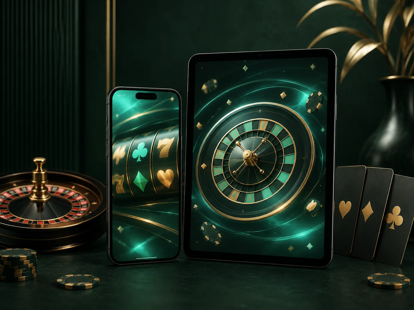 Perangkat mobile dengan roulette dan slot dalam suasana editorial